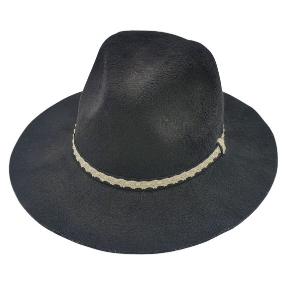 Black Faux Suede Fedora Hat Wide Brim Lace Trim Boho Style OSFM Unisex Look - Picture 1 of 16